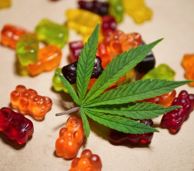 Cannabis infused gummy bears. Medical CBD candies. Mixed colors.